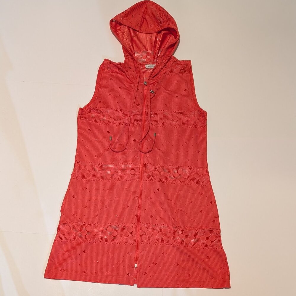 Chelsea Taylor Sleeveless Duster Cardigan/Vest Hooded Laser Cut Coral Lace Mediu